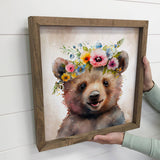 Cute Flower Bear - Bear -Nursery Art with Rustic Wood Frame