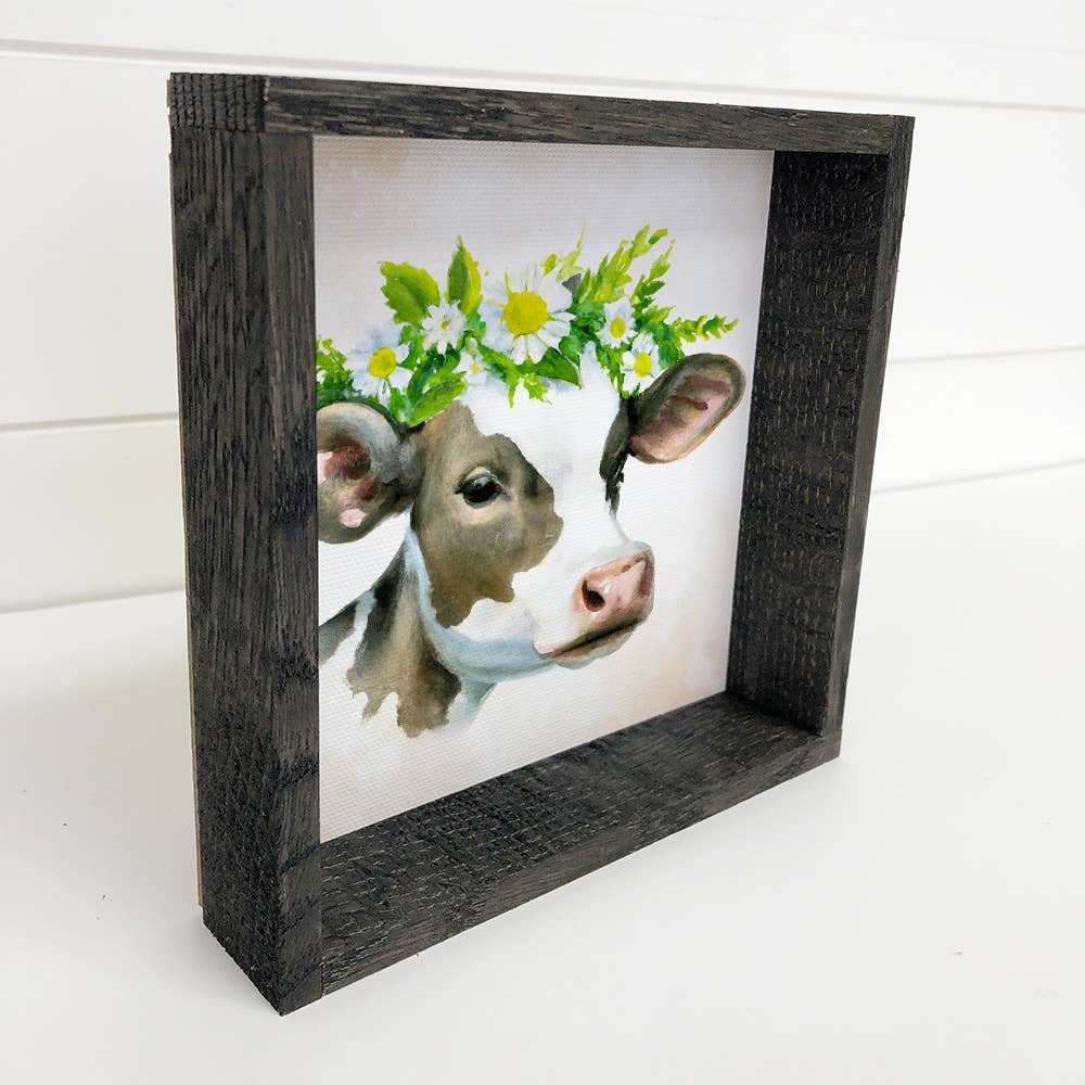 Dairy Cow with Daisies- Canvas Wall Art- Small Sign