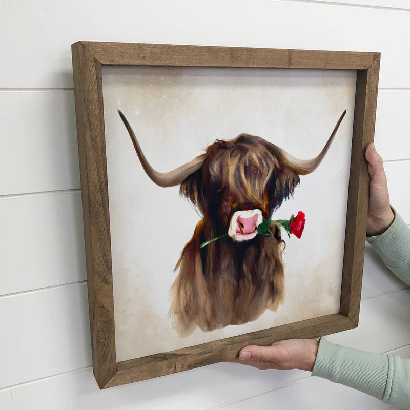 Valentine's Cow Sign - Highland Bull with a Red Rose