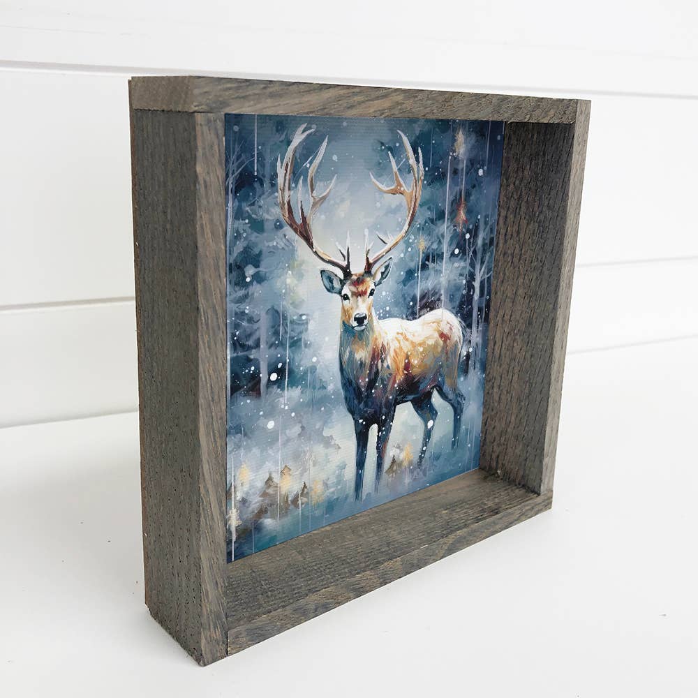 Reindeer in Blue Forest - Deer Canvas Art - Wood Framed Art