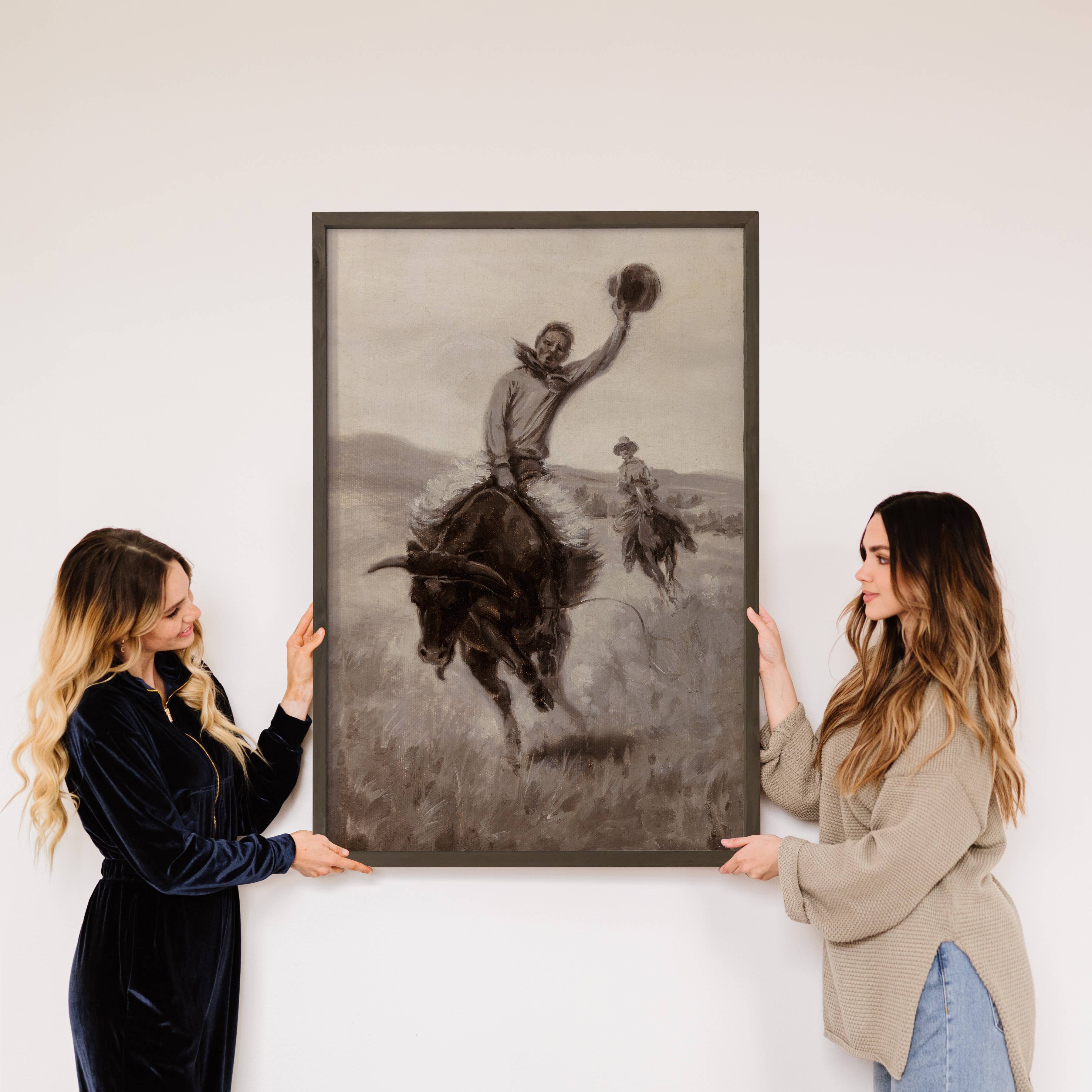 Riding a Bull - Cowboy Canvas Art - Wood Framed Wall Art