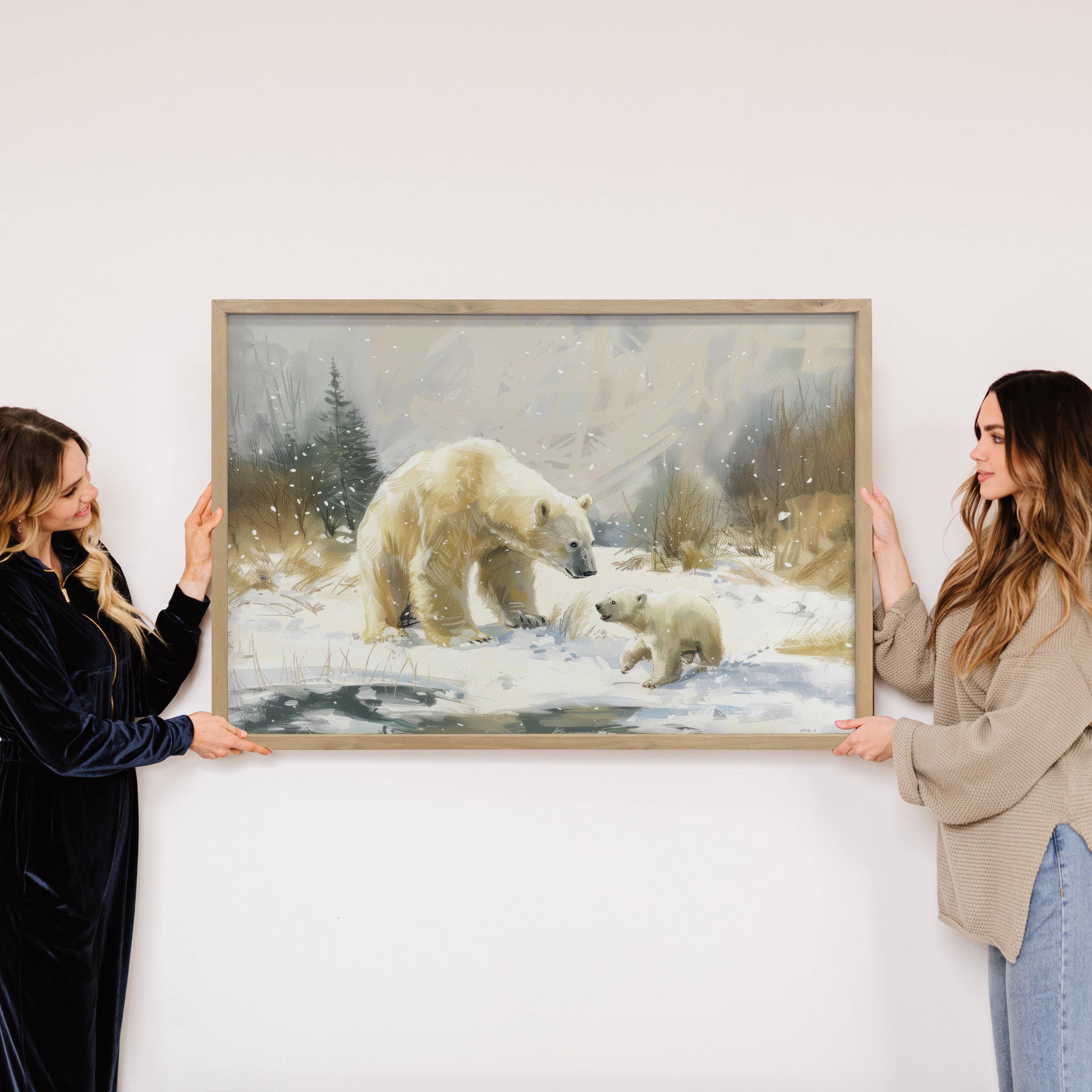 Polar Bear Mama Baby River Bank - Mountain Lodge Wall Art