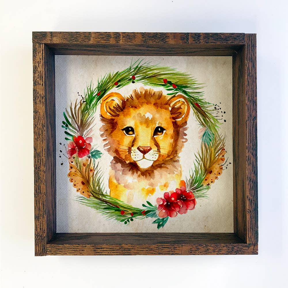 Christmas Wreath Lion - Cute Holiday Animal - Wood Frame Art