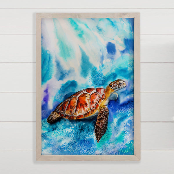 Turtle Underwater Watercolor - Beach House Wall Art - Framed