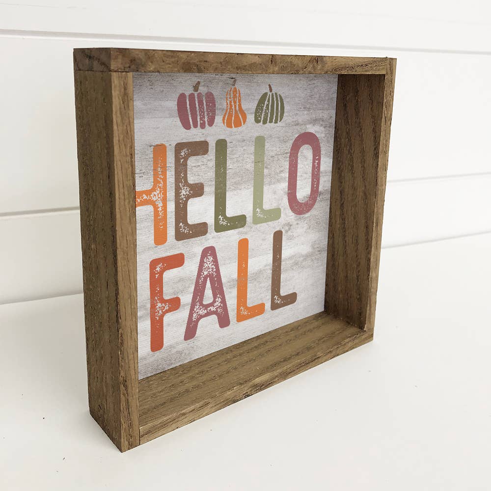 Hello Fall Block Letters - Fall Word Canvas Art - Wood Frame