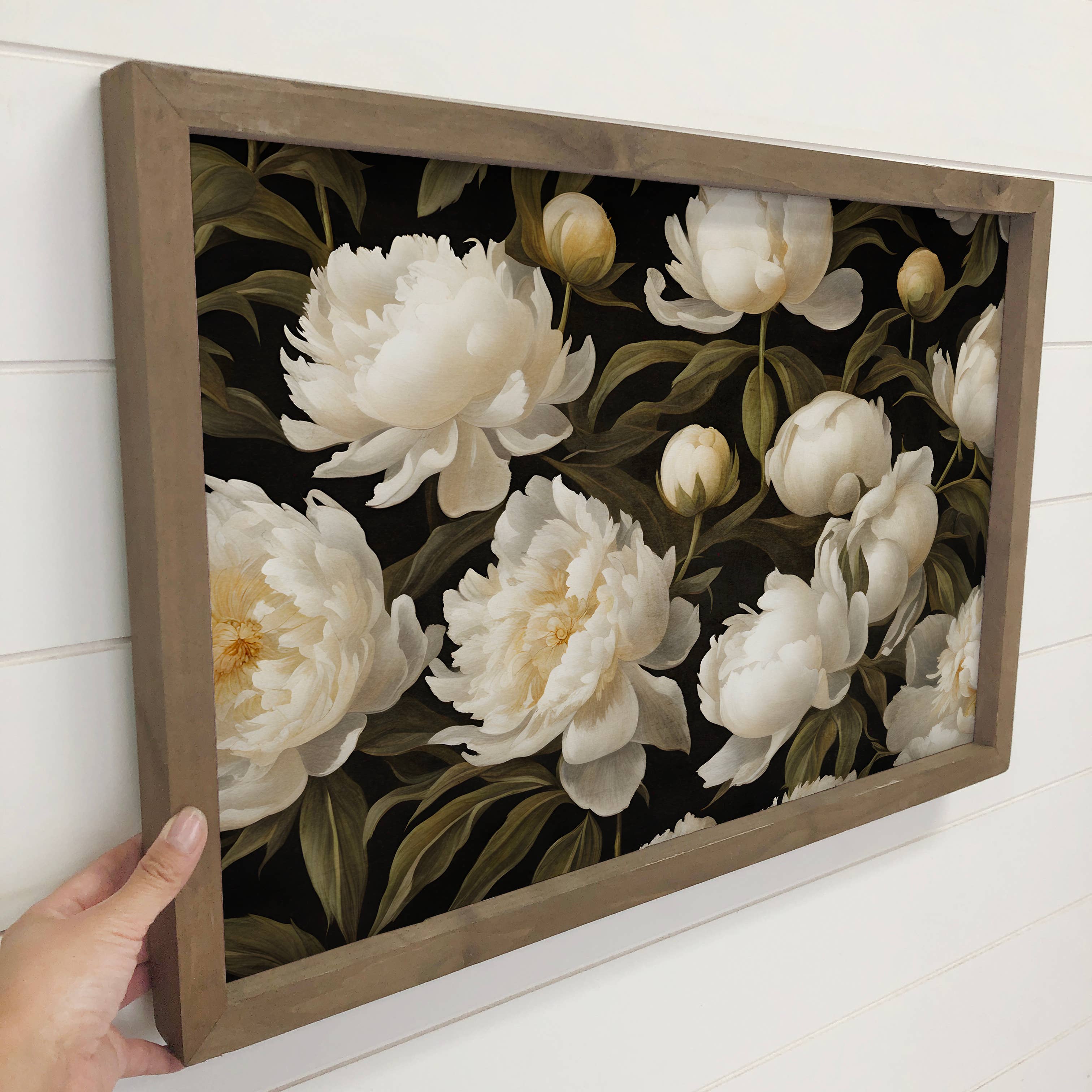 White Peonies - Floral Canvas Art - Framed Farmhouse Decor