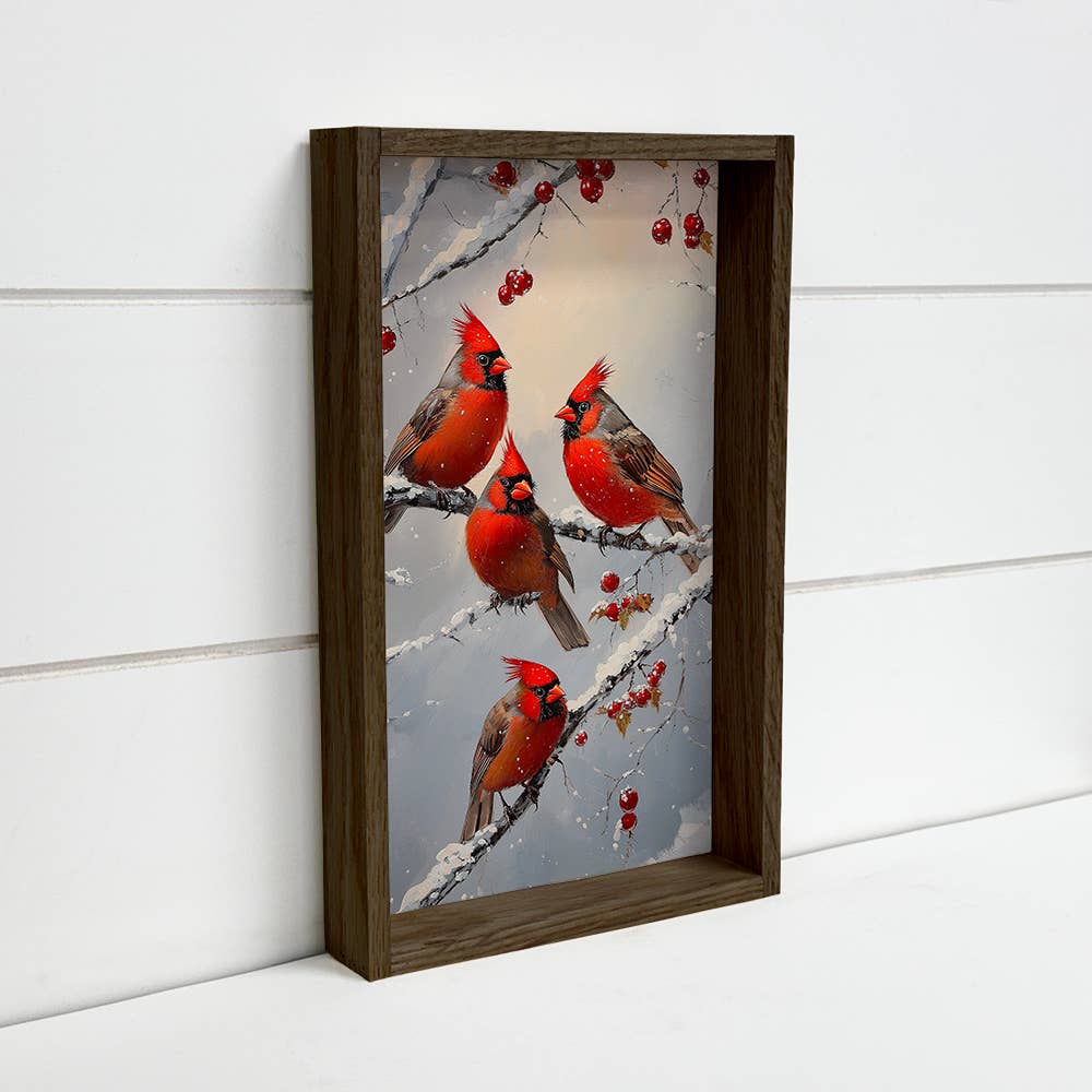 Four Cardinals - Red Bird Canvas Wall Art - Wood Framed  Art