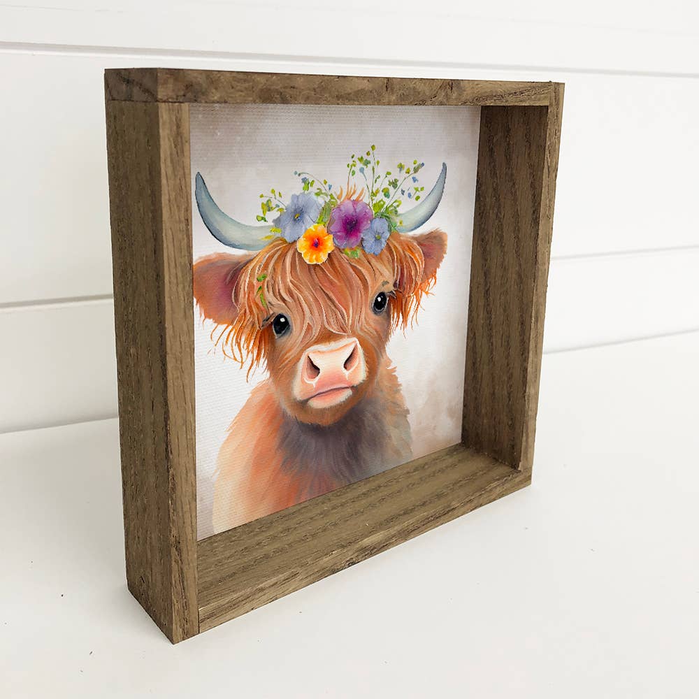 Cute Flower Highland Cow-Nursery Art with Rustic Wood Frame