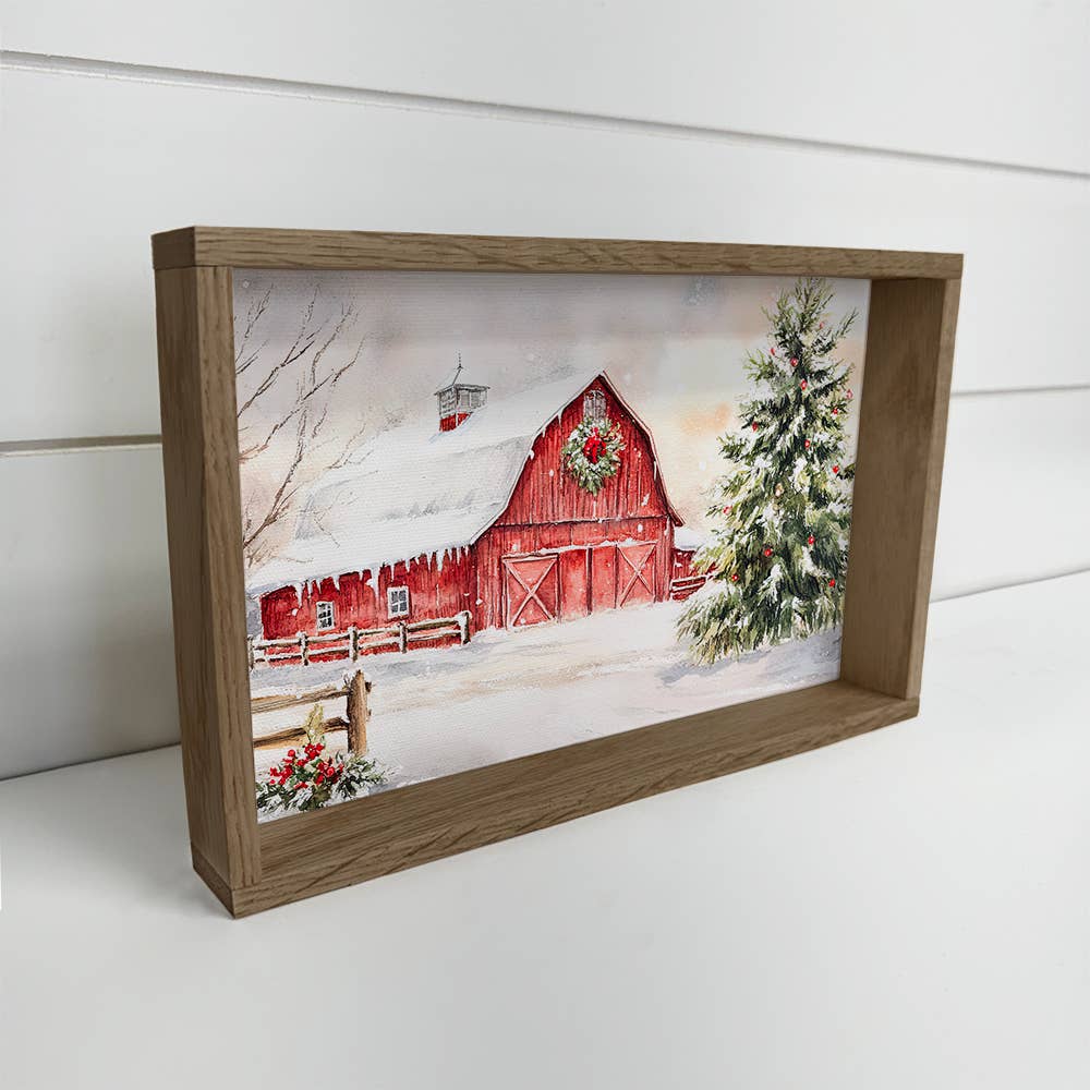 Christmas Red Barn in Snow - Farmhouse Christmas Wall Art