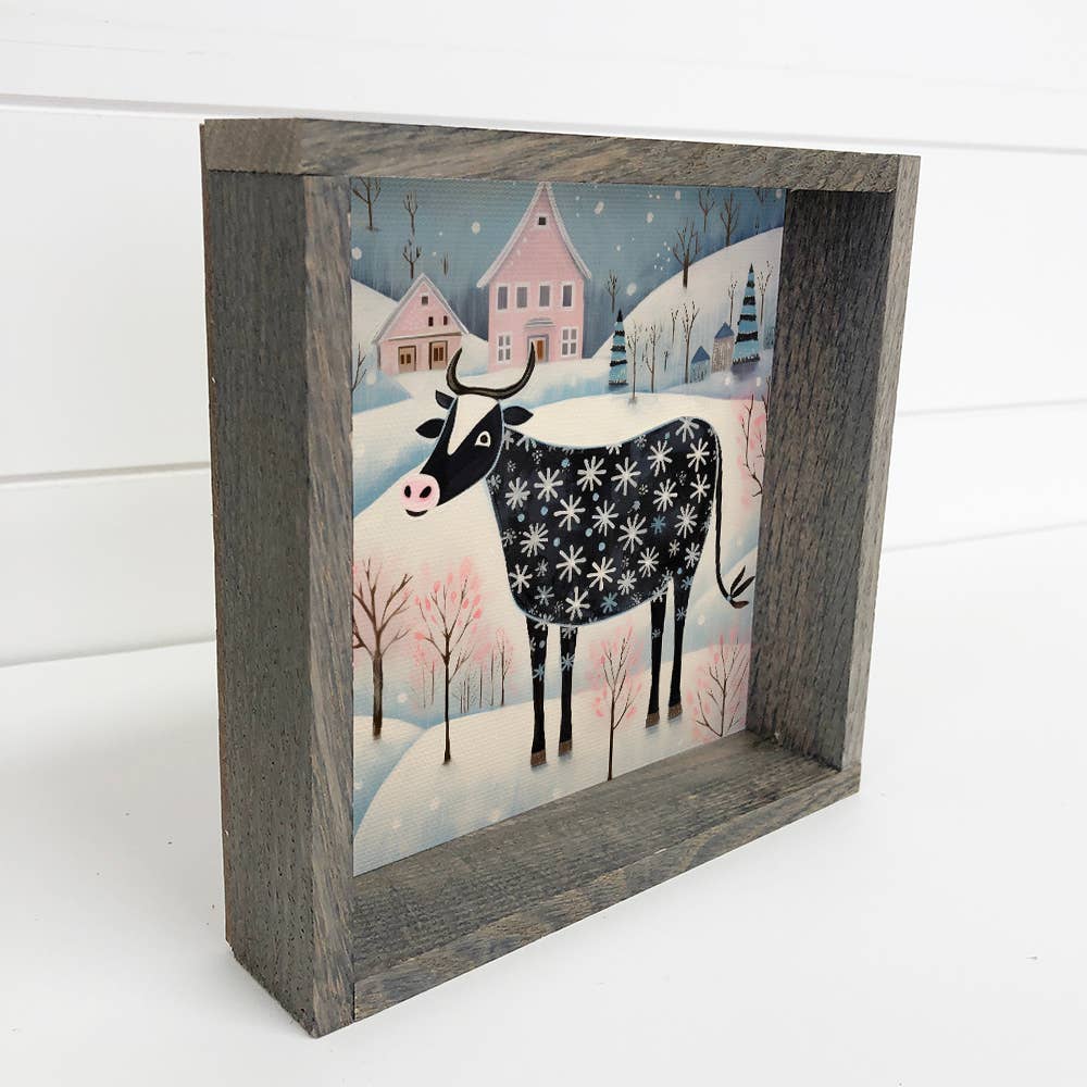 Whimsy Christmas Cow - Christmas Canvas Art - Wood Framed