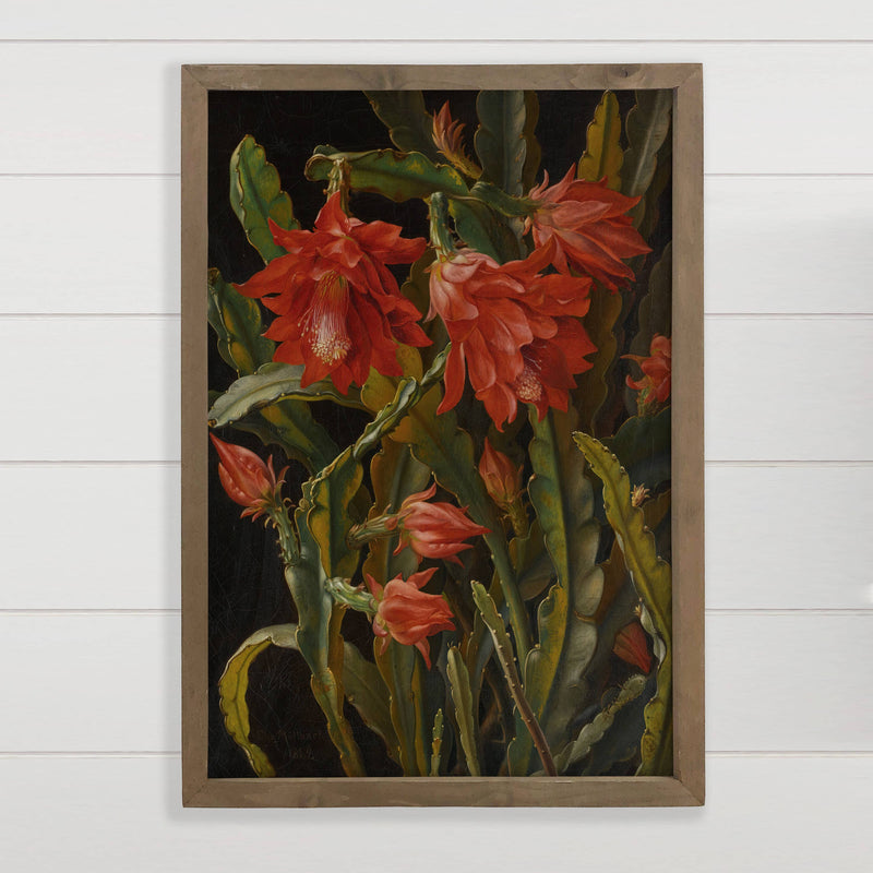 Christmas Cactus - Cactus Canvas Art - Wood Framed Decor