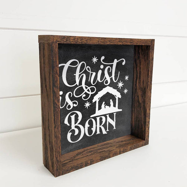 Christ is Born Nativity Small Canvas Sign with Walnut Frame