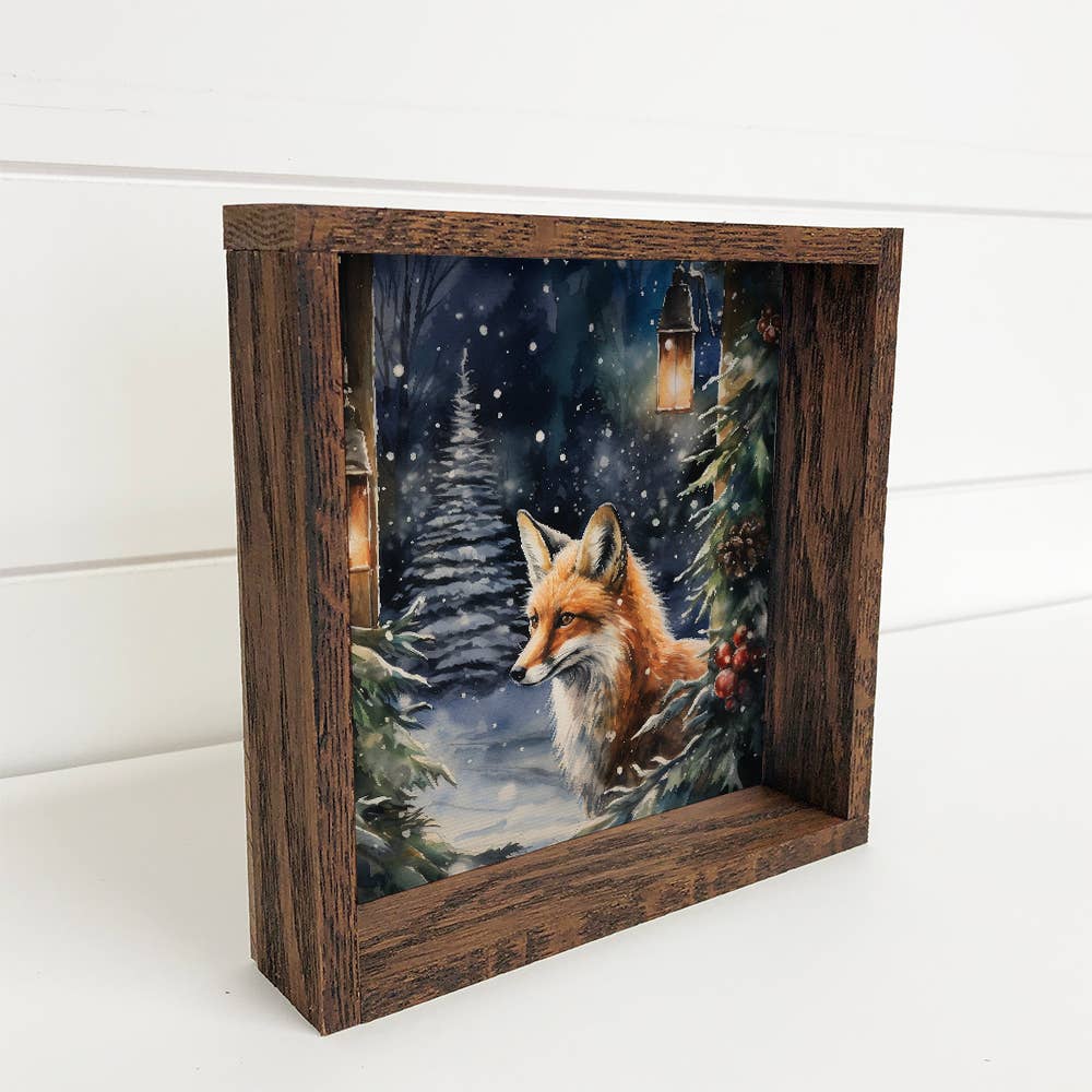 Winter Watercolor Fox in Pines - Fox Canvas Art - Wood Frame