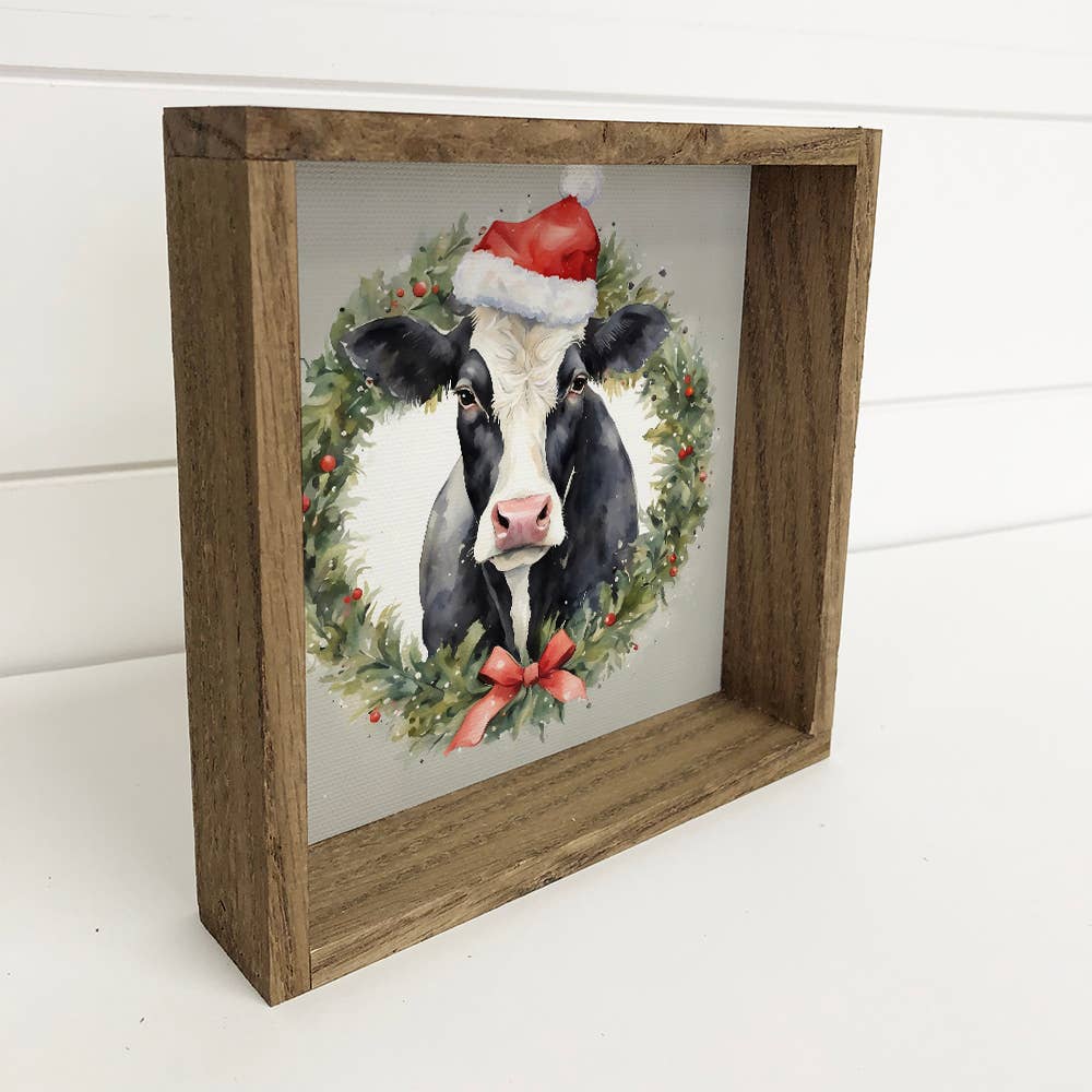 Black White Cow in Christmas Wreath - Cute Holiday Animals