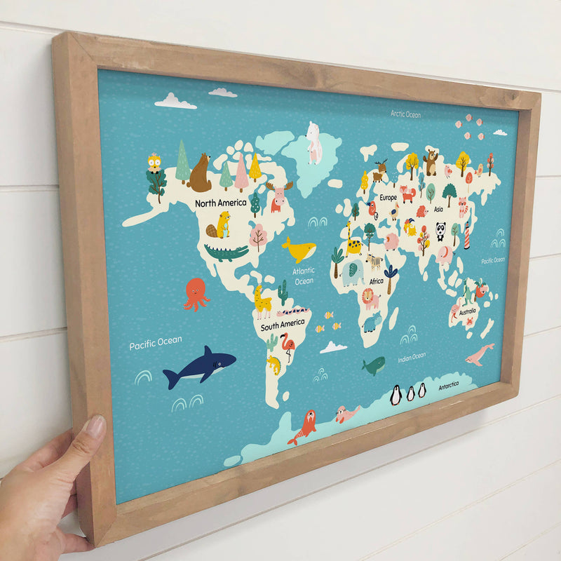 Cute Animal World Map - Kids Room Wall Art - Framed Map Art