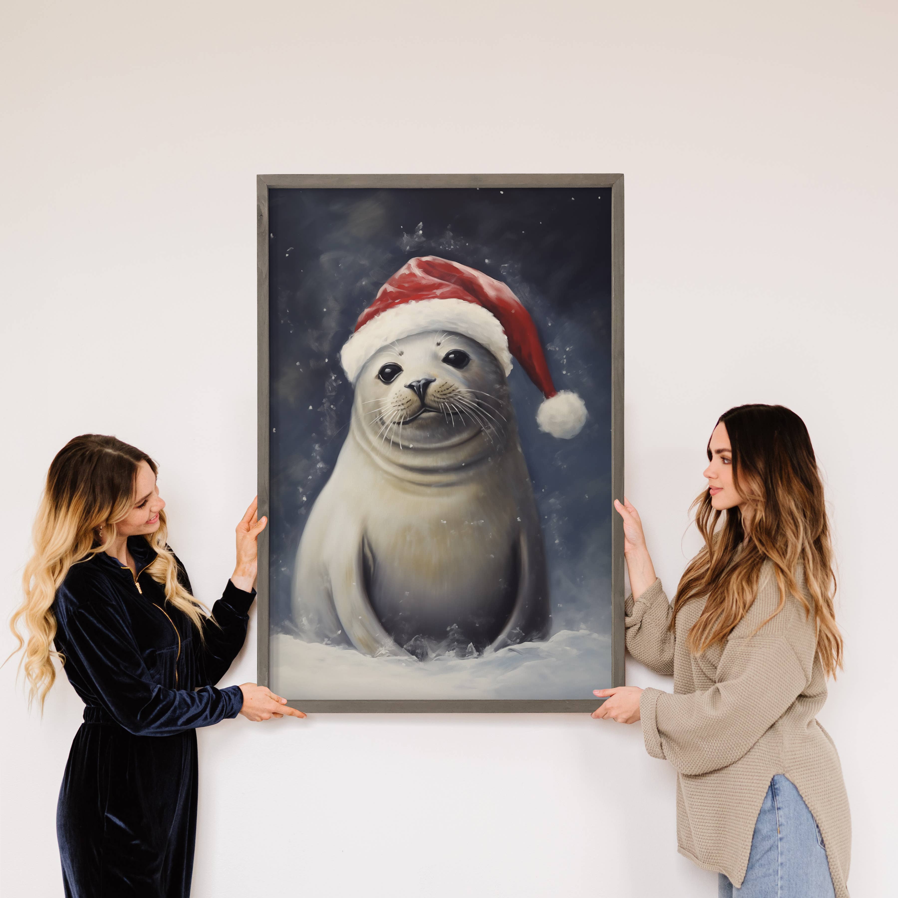 Christmas Seal Pup - Animal Christmas Canvas Art - Framed