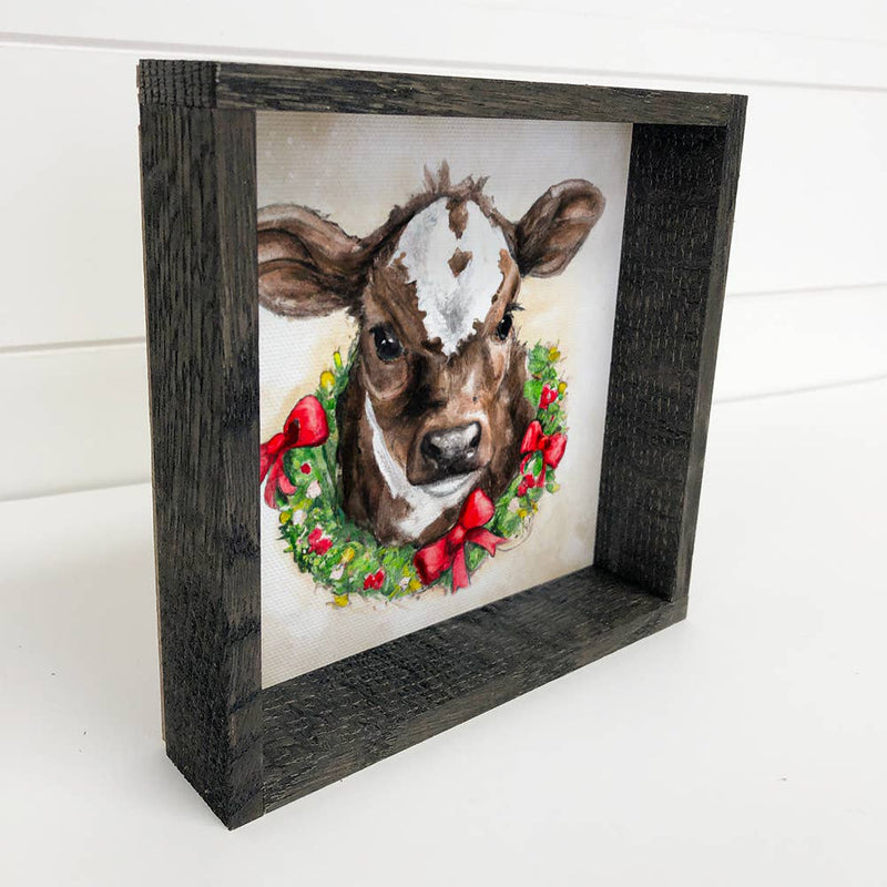 Cow in Christmas Wreath Holiday Farmhouse Small Shelf Decor