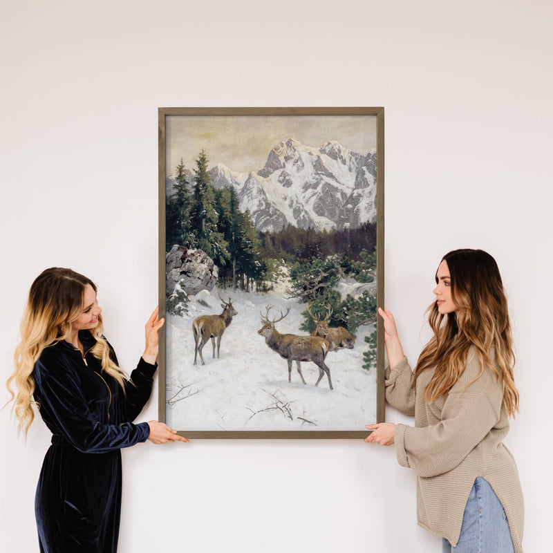 Winter Deer Mountains - Cabin Wall Art - Framed Animal Decor