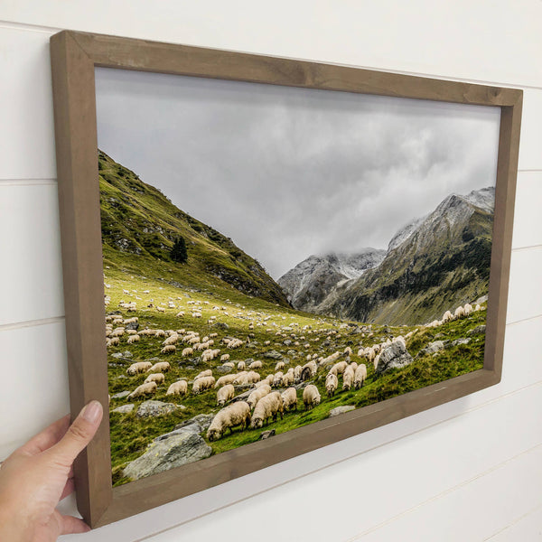Grazing Sheep in the Mountain - Framed Animal Art -Cabin Art