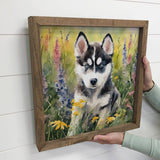 Wildflower Husky - Springtime Dog Canvas Art - Wood Framed