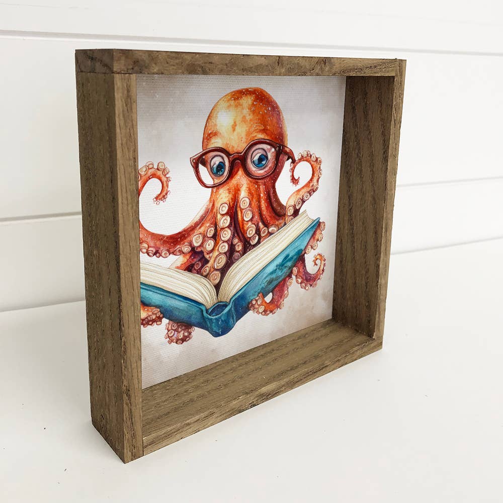 Octopus Reading Book - Cute Octopus Canvas Art - Wood Framed