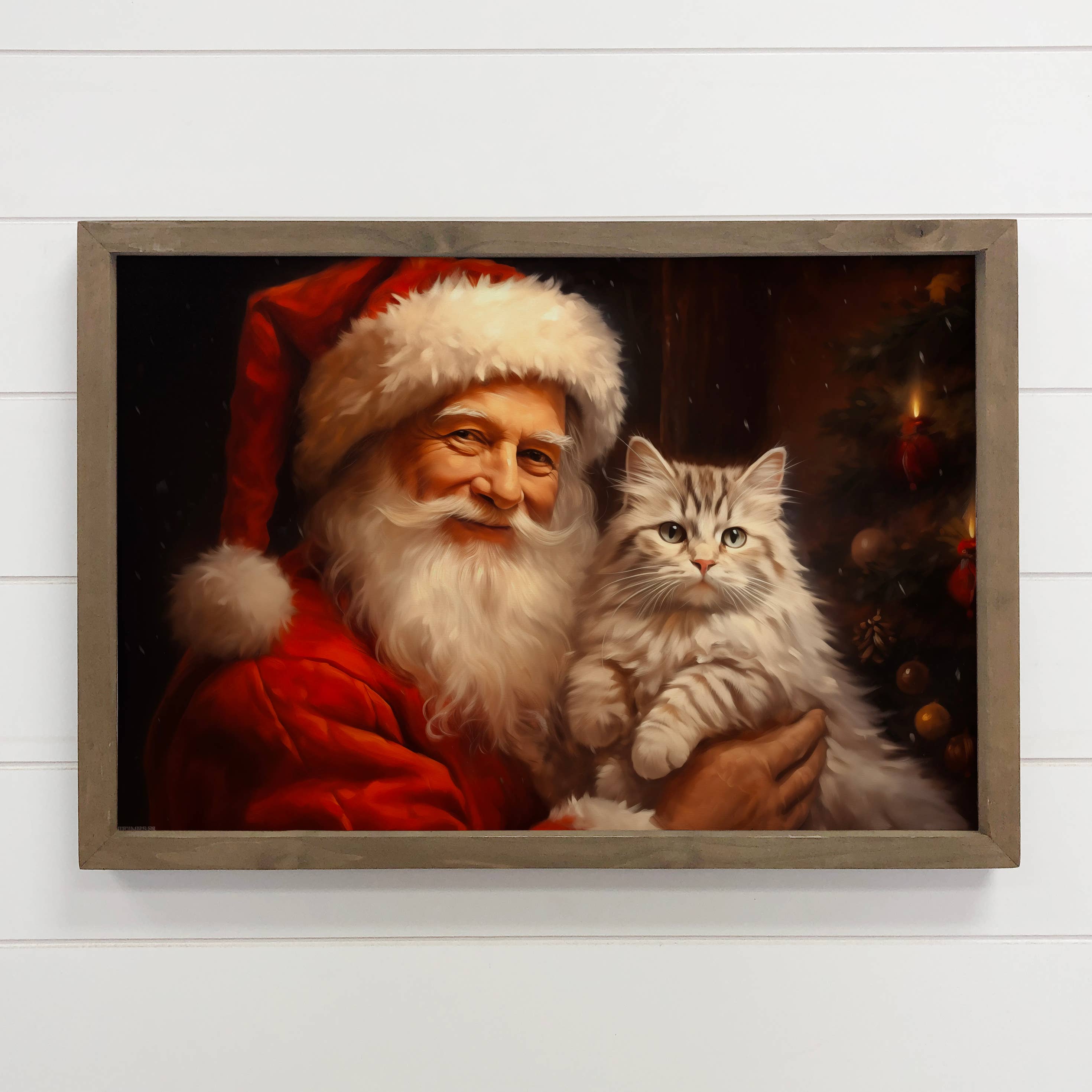 Santa and Fluffy White Cat - Christmas Canvas Art - Framed