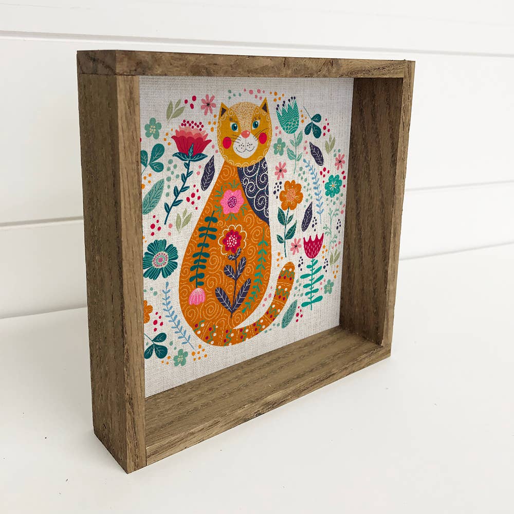 Folk Orange Cat Wall Art - Animal Folk Canvas Art - Framed