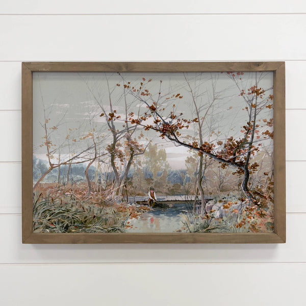 Autumn Fisher Boy - Fall Fishing Landscape - Wood Framed Art