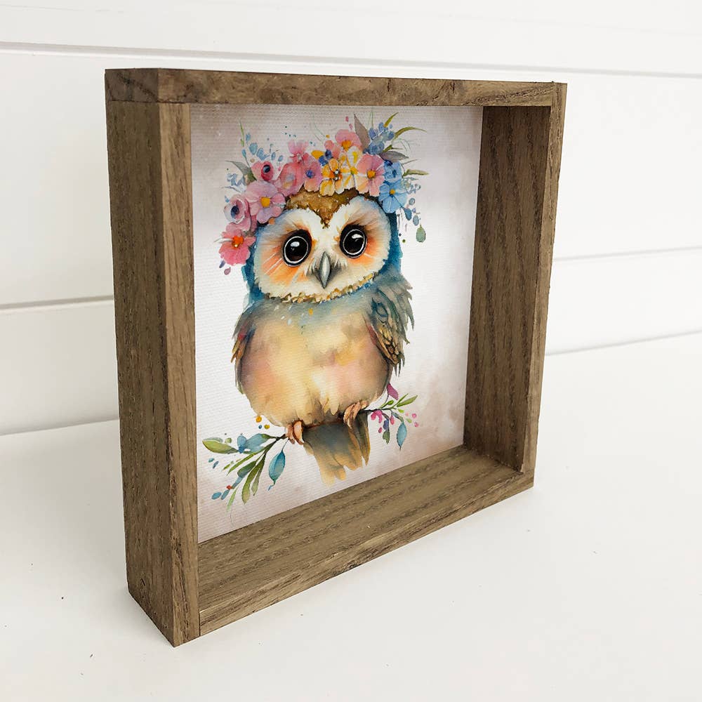 Cute Flower Owl - Nursery Wall Art with Rustic Wood Frame