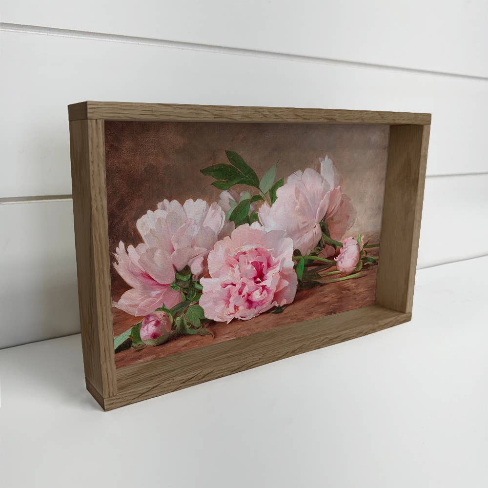 Pink Peonies Vintage Still Life - Flower Canvas Art - Framed