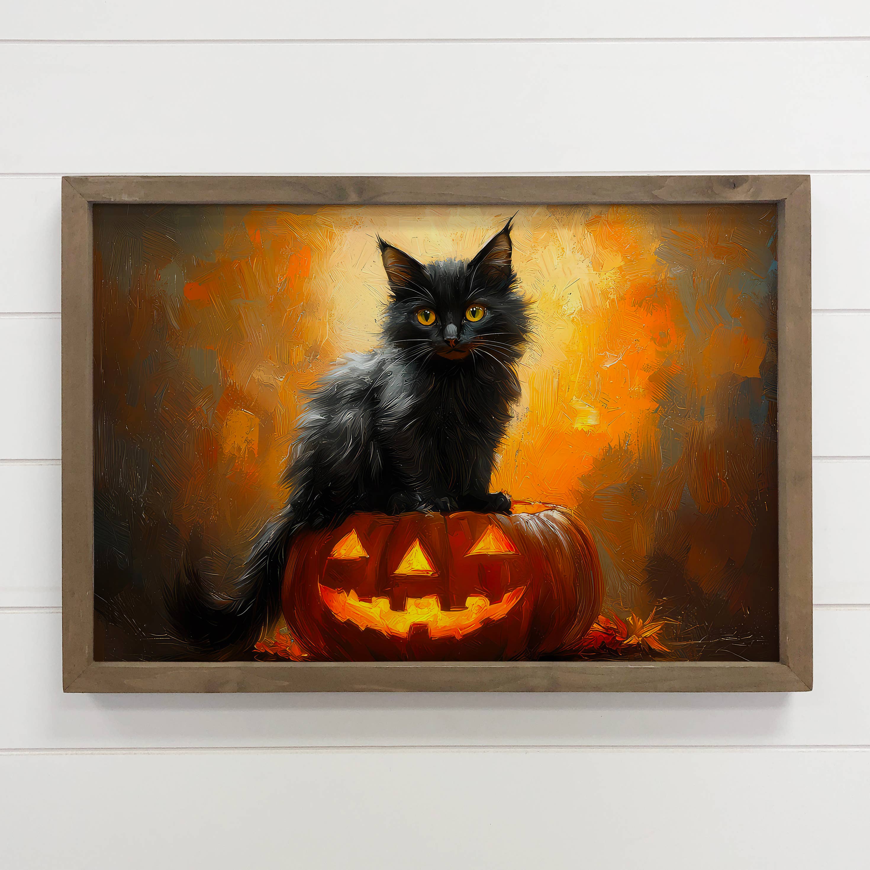 Black Kitty Glowing Pumpkin - Halloween Canvas Art - Framed