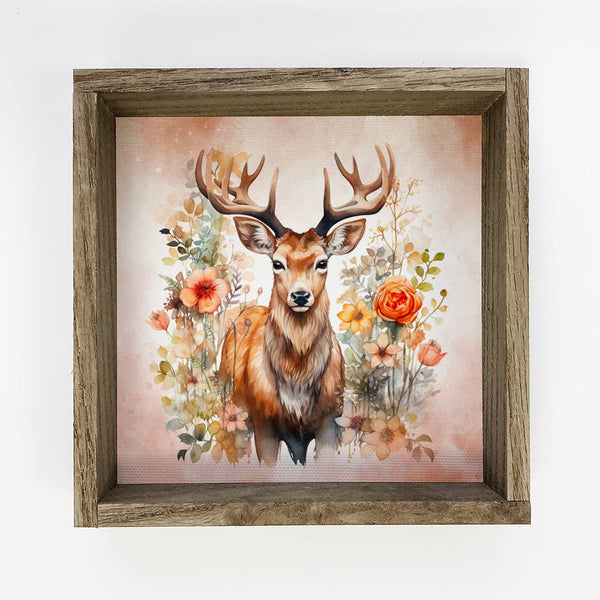 Deer in Wildflowers Wall Art - Wildlife Canvas Art - Framed