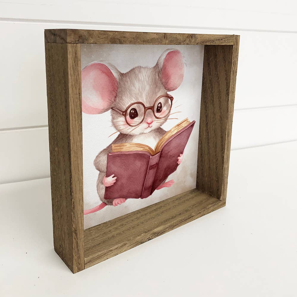 Mouse Reading Book - Cute Mouse Canvas Art - Wood Framed Art