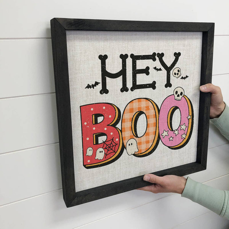 Retro Halloween Hey Boo - Cute Halloween Word Sign - Canvas