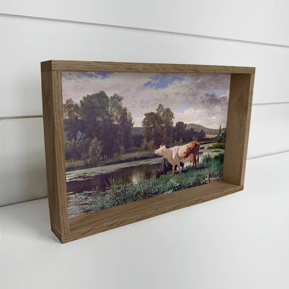 Cows at the Pond - Cow Canvas Art - Wood Framed Wall Art
