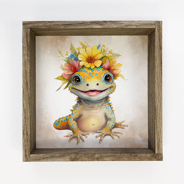 Cute Flower Lizard - Nursery Wall Art with Rustic Wood Frame