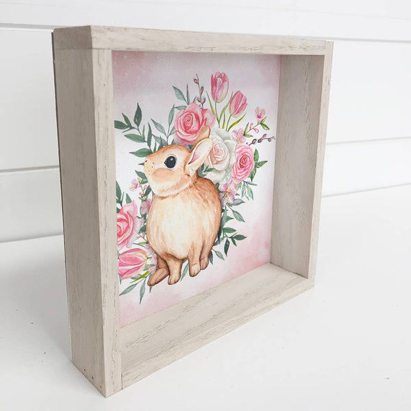 Bunny with Flowers - Farmhouse Nursery - Natural Wood Frame