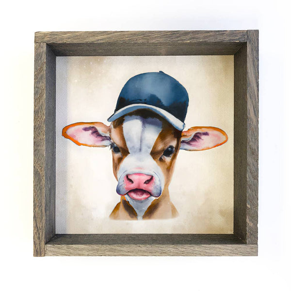 Cute Farm Sign - Cow in a Blue Baseball Cap - Texas Rangers