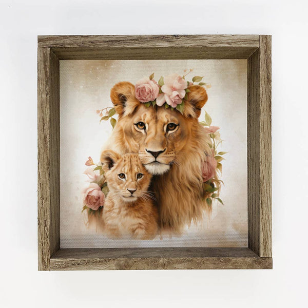 Mother Baby Lion Watercolor - Lion Canvas Art - Framed Decor