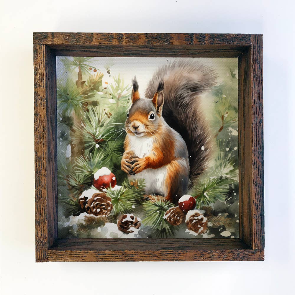 Winter Watercolor Squirrel Pine Cones - Squirrel Canvas Art