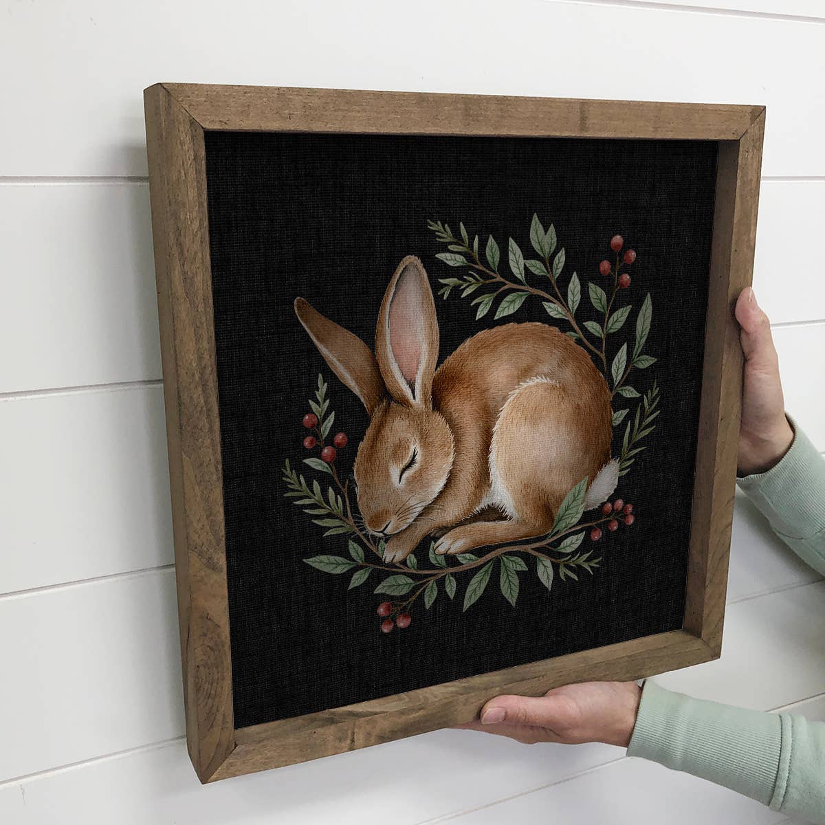 Sleeping Bunny Woodland Berries - Bunny Canvas Art - Framed