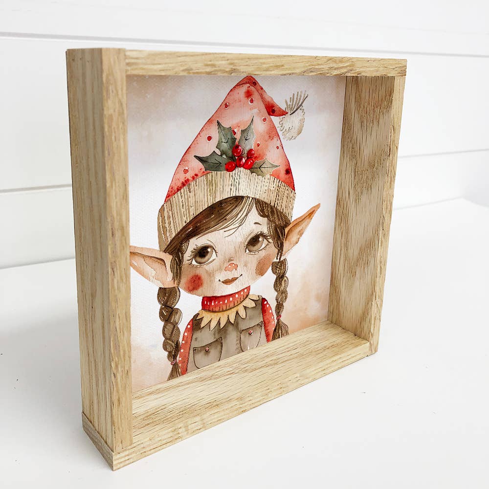 Scandi Watercolor Elf Girl - Christmas Canvas Art - Framed