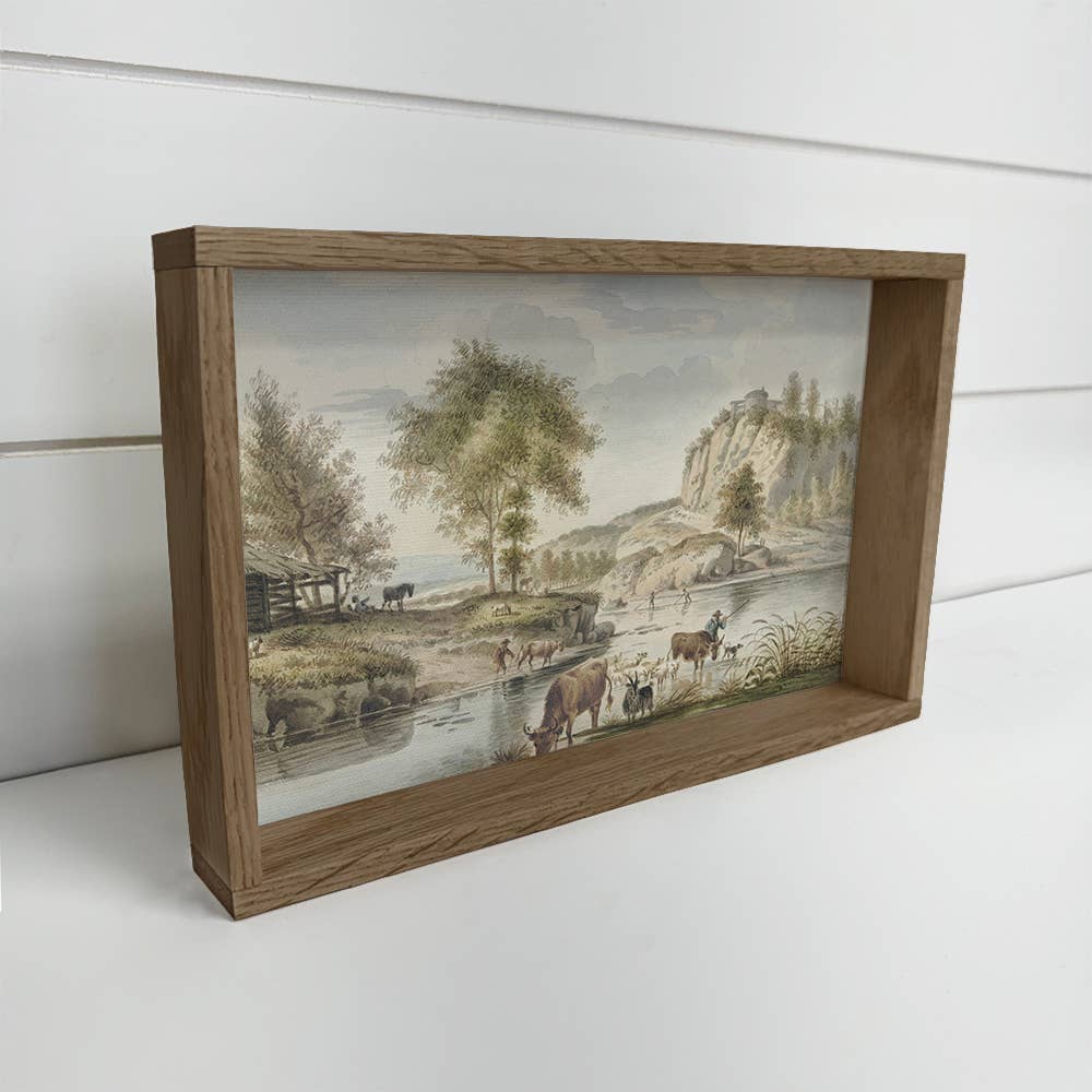 Riverside Famers with Cows - Farmhouse Canvas Art - Framed