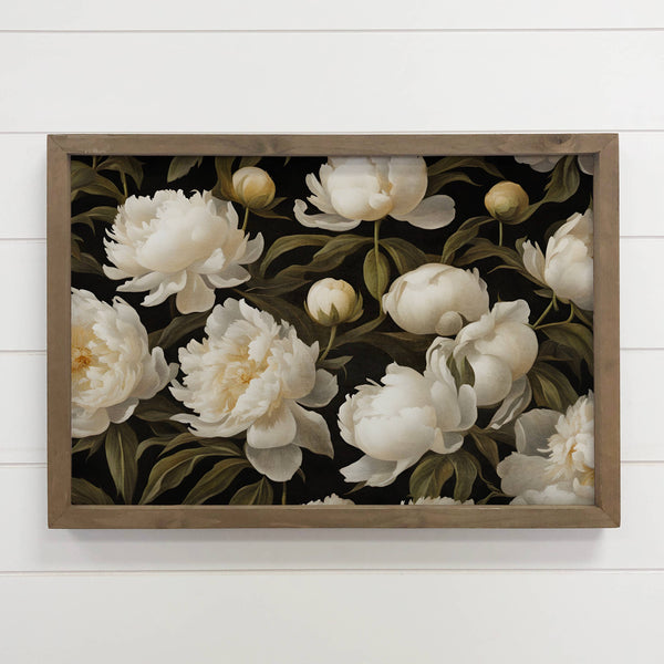 White Peonies - Floral Canvas Art - Framed Farmhouse Decor