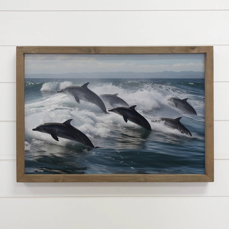 Dolphin Pod - Framed Canvas Animal Art - Beach House Decor