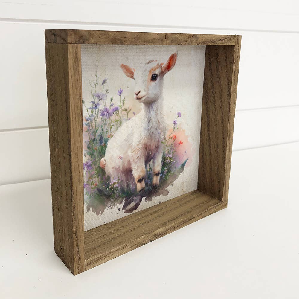 Vintage Goat Flowers - Spring Time Goat Canvas Art - Framed