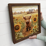 Baby Highland Cow Sunflower Farm - Wood Frame Canvas Art