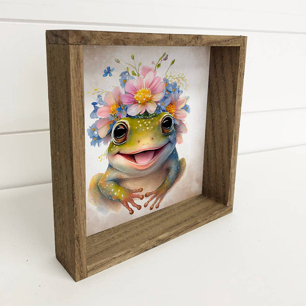 Cute Flower Frog - Nursery Art with Rustic Wood Frame