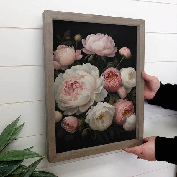 Pink and White Flowers on Black - Flower Canvas Art - Framed