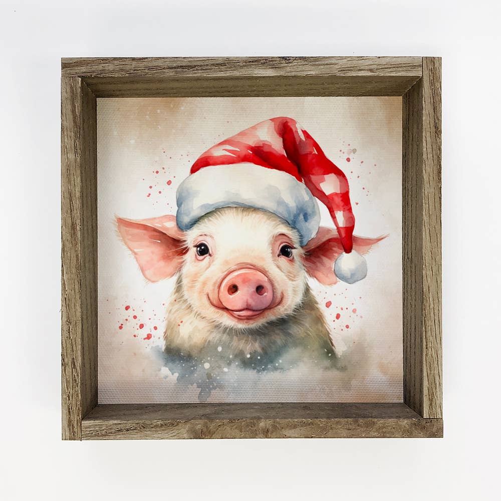 Pig in a Santa Hat - Cute Holiday Animal - Framed Canvas Art